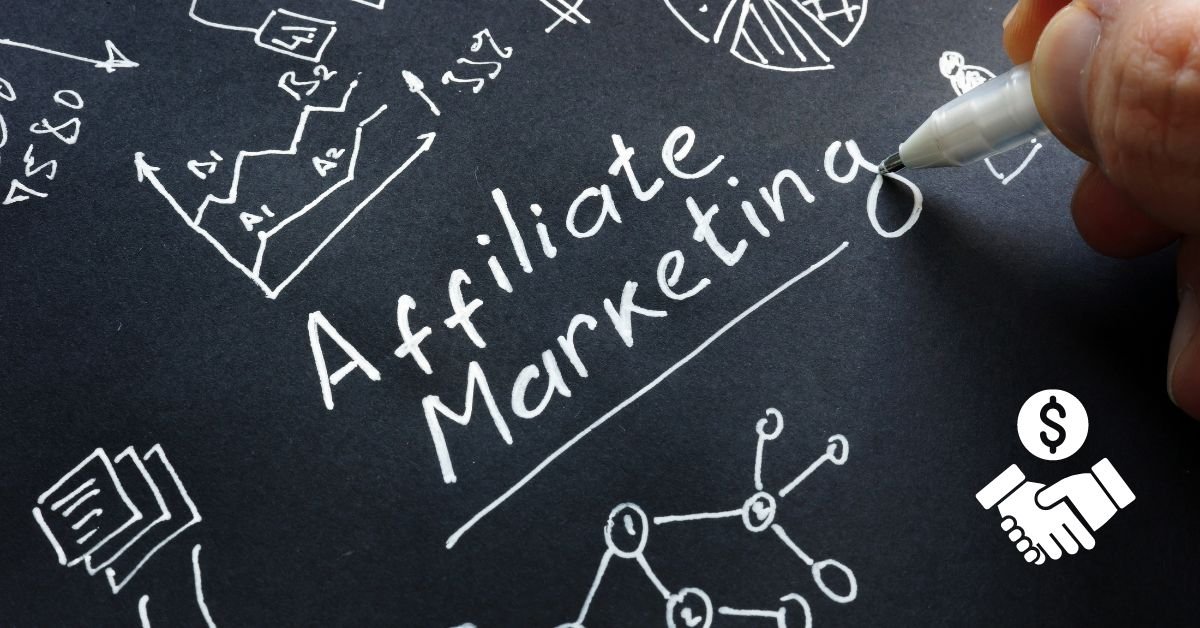 Man is writing Affiliate marketing on a black surface. (high ticket affiliate marketing)