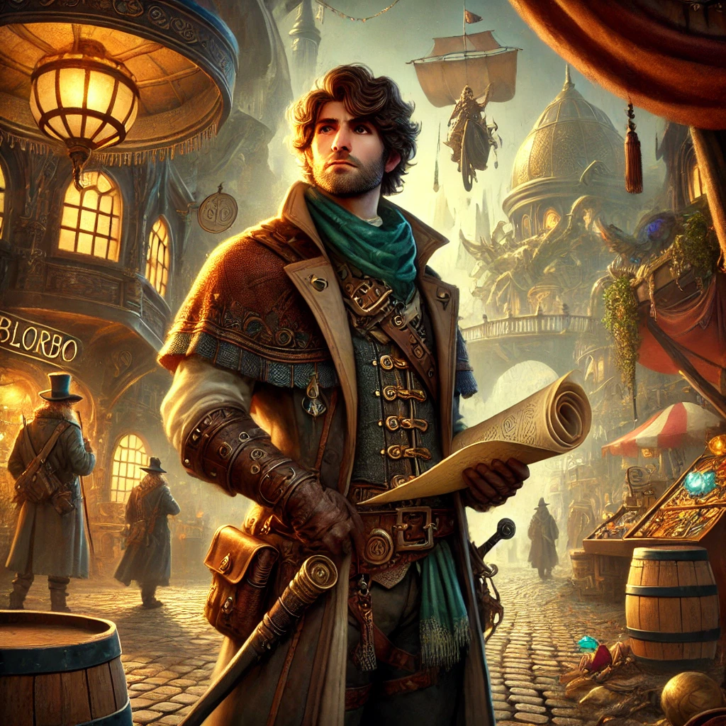 Blorbo the Shrewd, a cunning adventurer, stands at a crossroads holding a scroll, surrounded by a fantastical marketplace filled with magical items and treasures. His expression is thoughtful as he considers his next move.