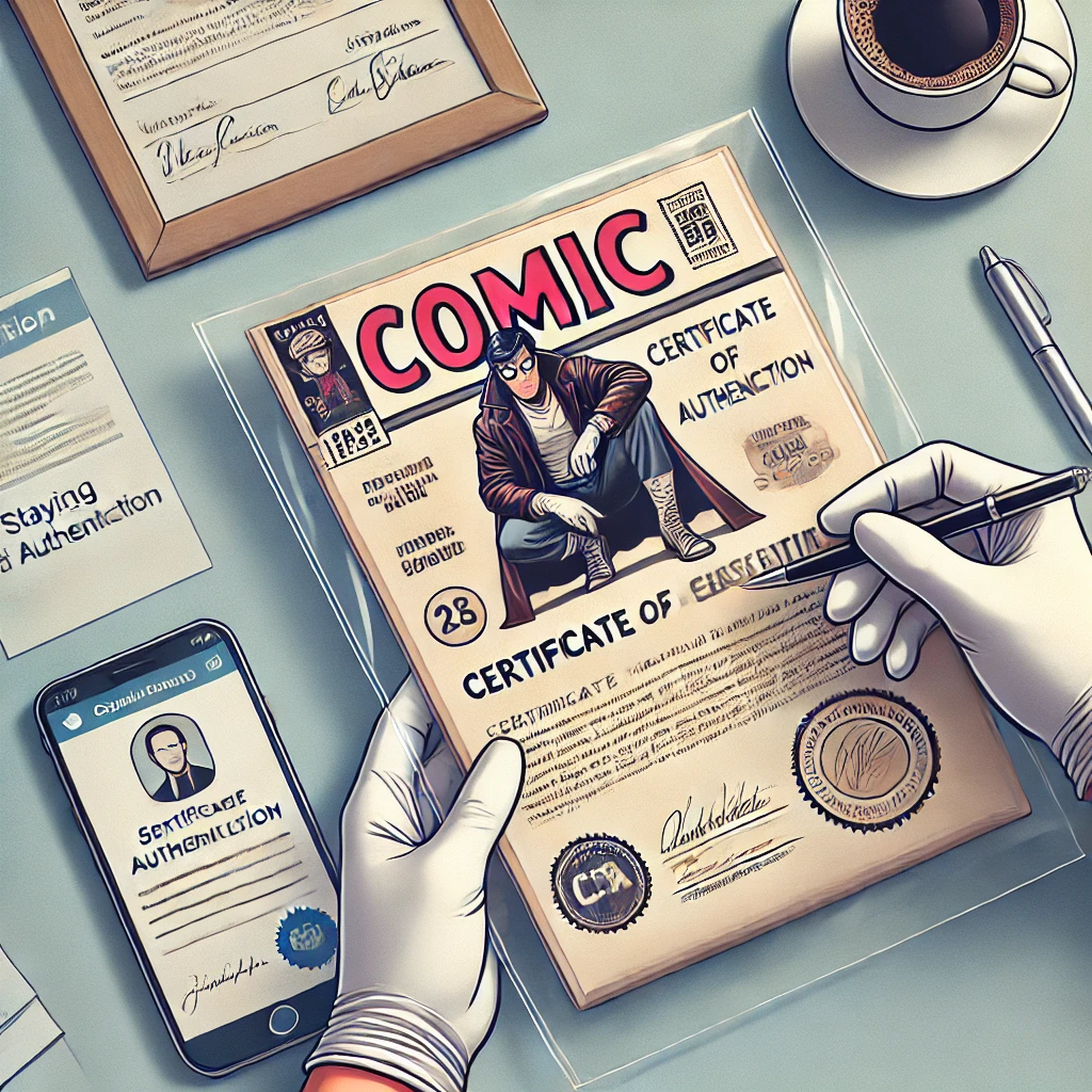 Comic book in a protective sleeve with a Certificate of Authenticity (COA) next to it, handled carefully by gloved hands, emphasizing collector tips on condition and authenticity.