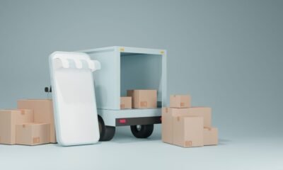 E-commerce concept, Delivery service on mobile application, Transportation delivery by truck. 3D rendering.