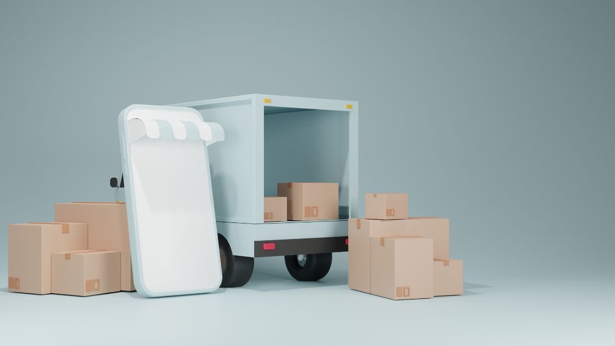 E-commerce concept, Delivery service on mobile application, Transportation delivery by truck. 3D rendering.