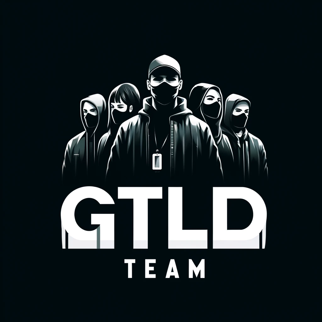 A minimalistic image featuring the text "GTLD TEAM" over a group of people with their faces obscured, dressed in dark clothing, set against a simple dark background.