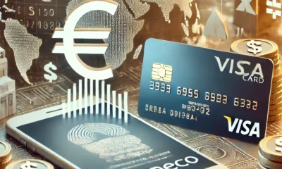 A modern financial image featuring a Euro sign, VISA card, and smartphone app interface, symbolizing Moneco's fintech services for the African diaspora.