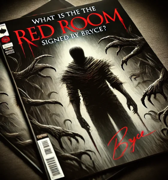 Feature image of the 'Red Room comic signed by Bryce' showcasing a dark and eerie comic book cover with horror-themed artwork in red and black tones, highlighting Bryce's signature in the bottom corner.