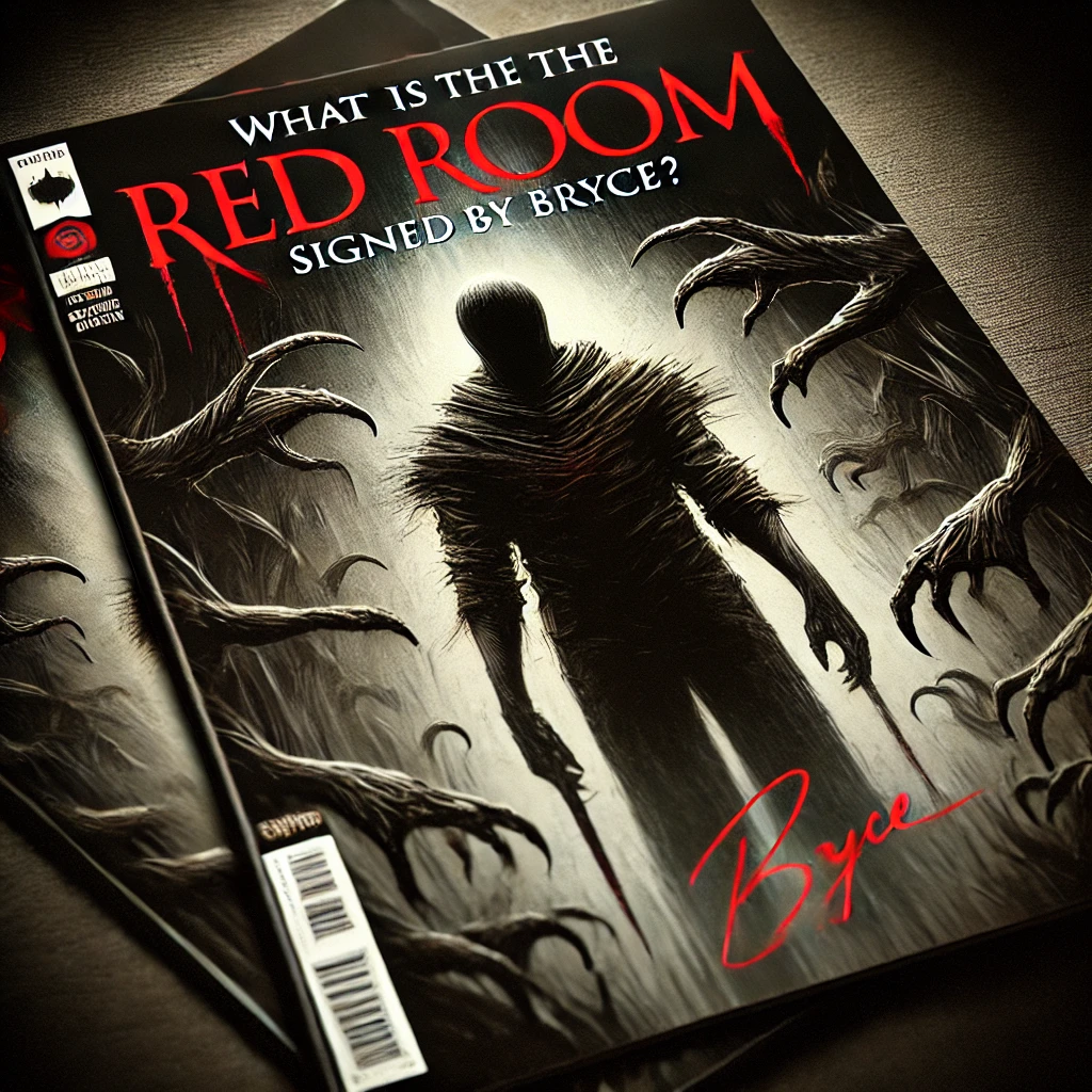 Feature image of the 'Red Room comic signed by Bryce' showcasing a dark and eerie comic book cover with horror-themed artwork in red and black tones, highlighting Bryce's signature in the bottom corner.