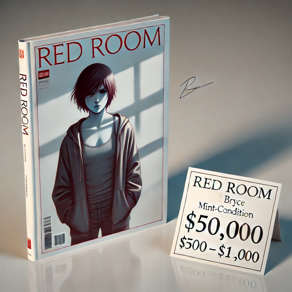 Mint-condition Red Room comic signed by Bryce, displayed on a clean table with a price tag ranging from $500 to $1,000, highlighting its collectible value in 2024.