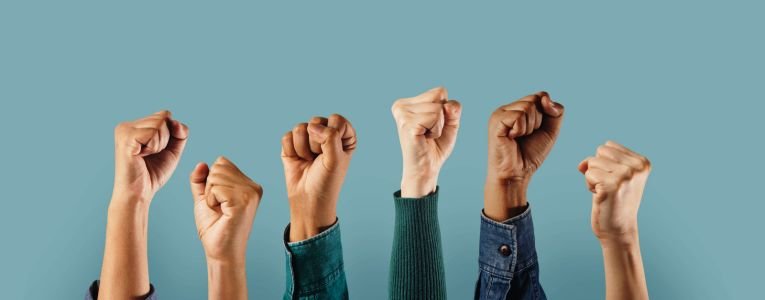 Social Activism and Movement. Group of People Raised up Hands. P