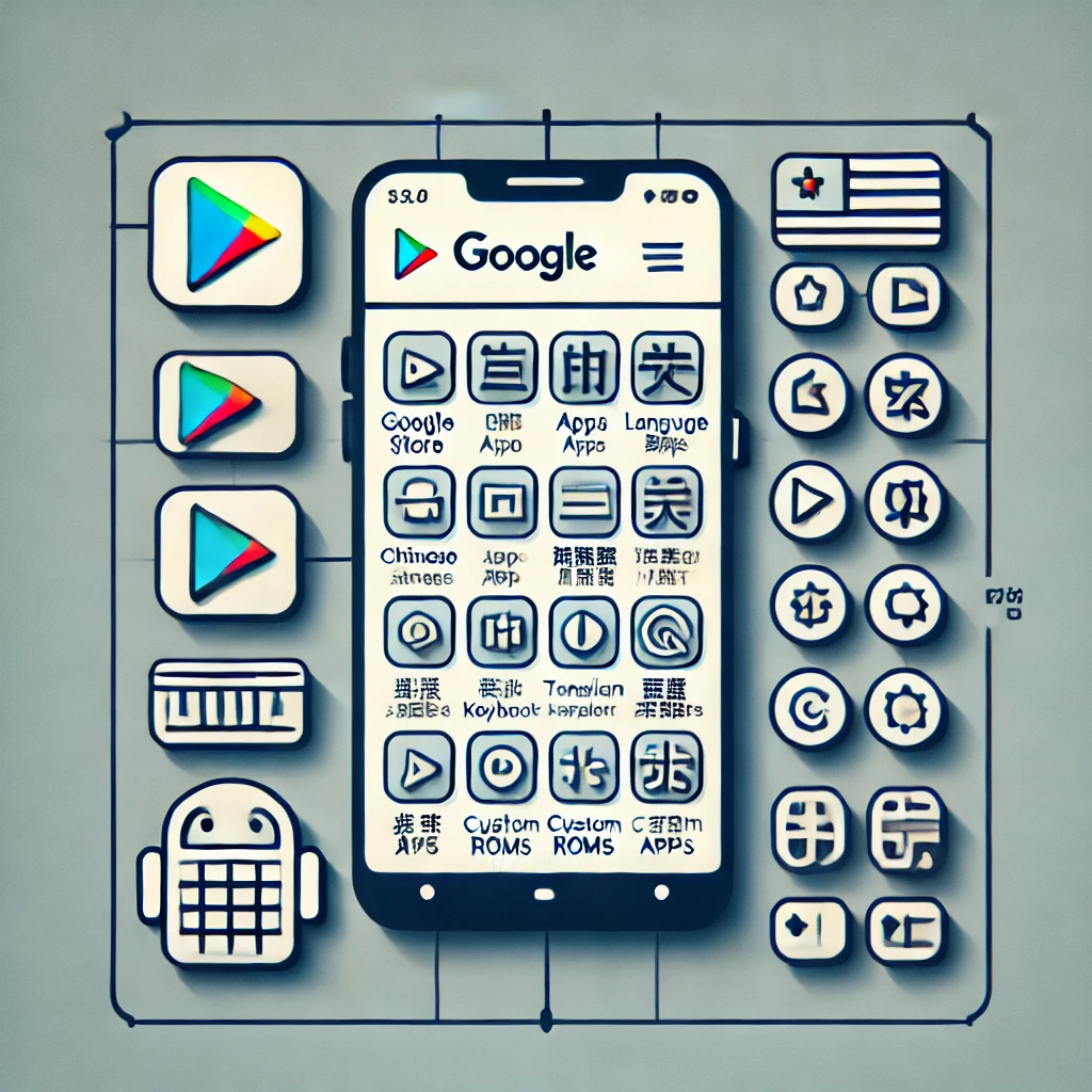 Mobile phone displaying language support apps on the Google Play Store, with icons representing alternative devices and custom ROMs for Chinese language support.