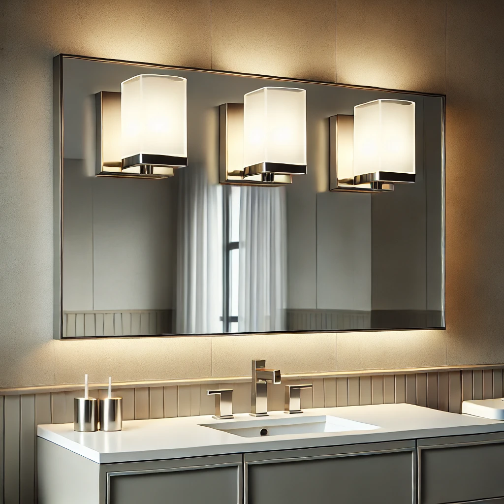 Modern bathroom with sleek 776625 Vanity Light above a large mirror, illuminating the vanity area with soft, warm light.