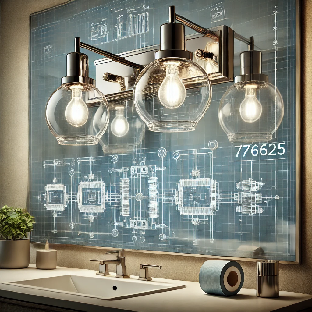 Modern bathroom featuring the 776625 Vanity Light with a transparent blueprint overlay showing internal structure and components, including wiring and bulb placement.