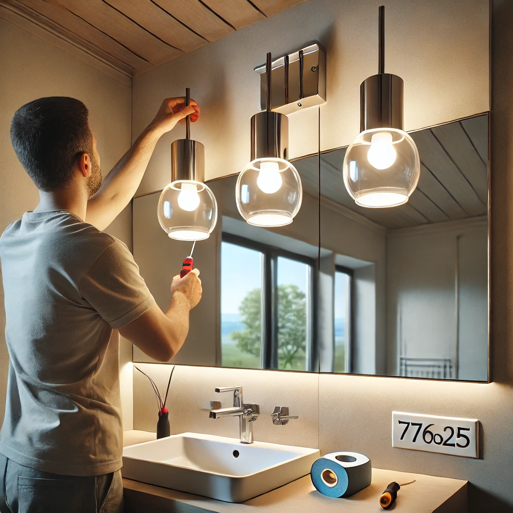 A person in a modern bathroom installing the 776625 Vanity Light above a large mirror, using a screwdriver to secure the fixture, with wires and screws visible during the installation process.