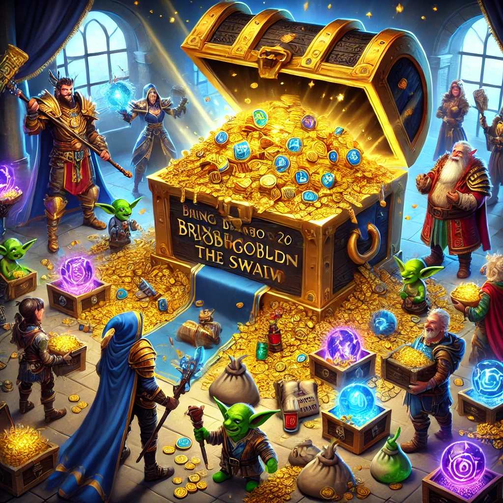 Adventurers standing victorious with hobgoblin hides as a large treasure chest overflows with gold, magical items, and glowing potions. Blorbo the Shrewd supervises, overseeing the rewards of enchanted gear, cloaks, and powerful weapons being distributed.