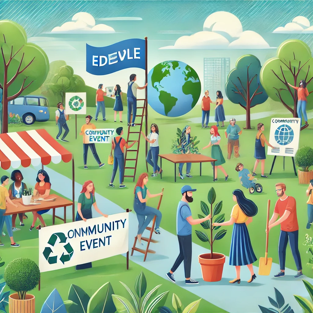 A diverse group of individuals participating in community activities, including planting trees and setting up an event booth in a park. Banners promoting social causes like environmental protection and education are visible.