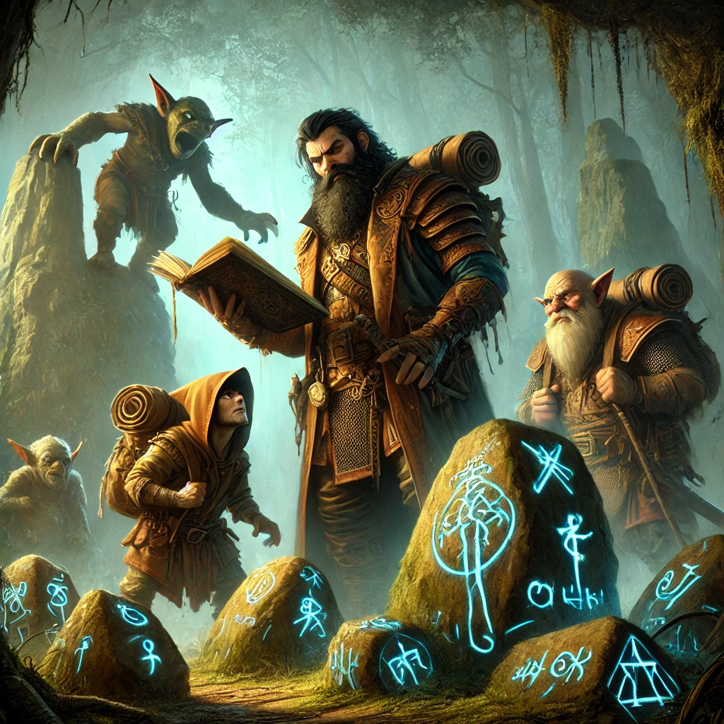 A fantasy scene showing Blorbo the Shrewd, a cunning adventurer, standing in an enchanted forest. Around him are adventurers holding glowing hobgoblin hides while defeated hobgoblins lie in the background. The atmosphere is mystical, with magical runes on the hides glowing faintly.