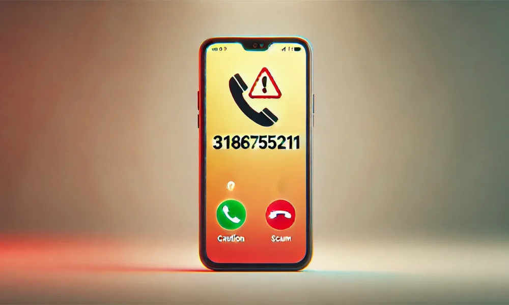 Smartphone screen displaying an incoming call from '3186755211' with a caution icon indicating potential spam or scam risk. The background is subtly blurred, emphasizing alertness with soft reds and yellows.