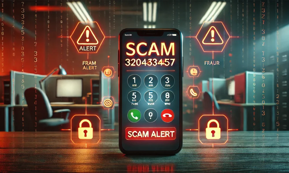 A smartphone screen displays the number 3204363457 with warnings labeled "Scam Alert" and "Fraud Call," suggesting a potential scam. The background is dark, with cautionary icons like exclamation marks surrounding the phone, giving a sense of threat and caution.