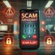 A smartphone screen displays the number 3204363457 with warnings labeled "Scam Alert" and "Fraud Call," suggesting a potential scam. The background is dark, with cautionary icons like exclamation marks surrounding the phone, giving a sense of threat and caution.