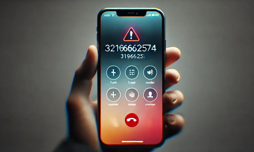 Smartphone screen showing an incoming call from the suspicious number '3219662574,' with a caution icon and a subtle gradient background hinting at alertness in muted tones.