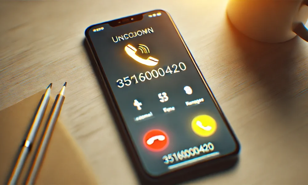 Smartphone screen showing an incoming call from the suspicious number '3516000420,' with a blurred background and cautionary yellow and orange accents to signify alertness.