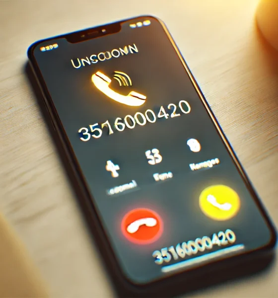 Smartphone screen showing an incoming call from the suspicious number '3516000420,' with a blurred background and cautionary yellow and orange accents to signify alertness.