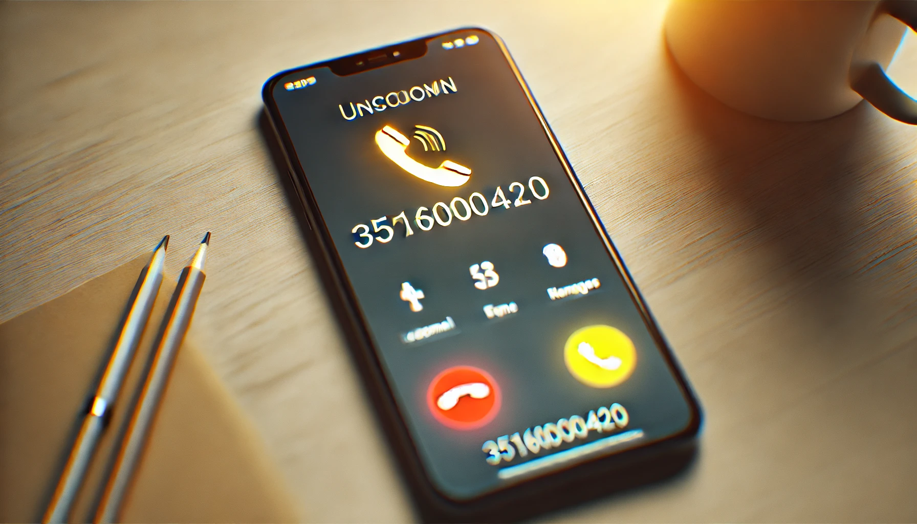 Smartphone screen showing an incoming call from the suspicious number '3516000420,' with a blurred background and cautionary yellow and orange accents to signify alertness.