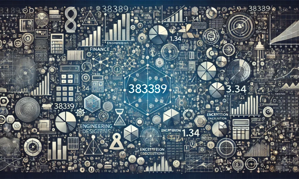 A versatile analytical illustration representing the applications of the calculation 38389/1.34, with icons for finance, engineering, cryptography, science, and data analysis.