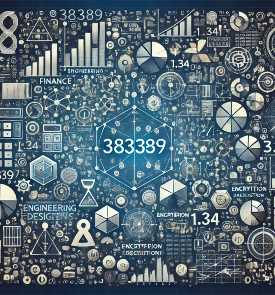 A versatile analytical illustration representing the applications of the calculation 38389/1.34, with icons for finance, engineering, cryptography, science, and data analysis.