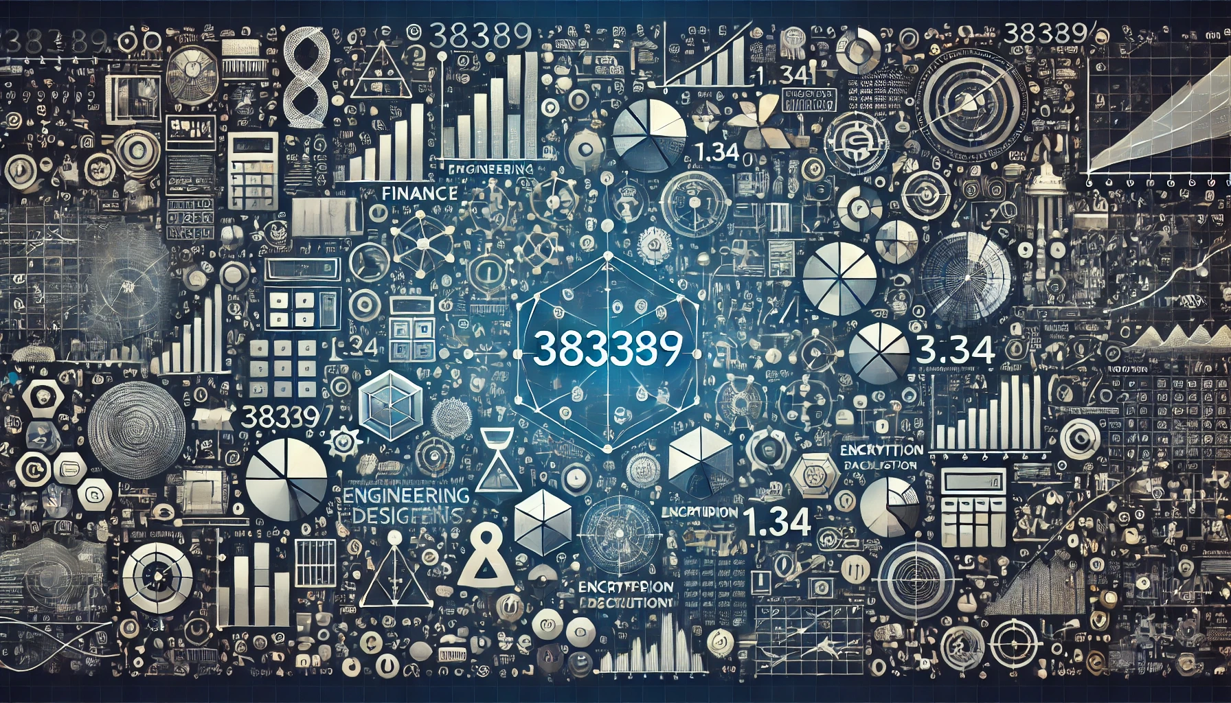 A versatile analytical illustration representing the applications of the calculation 38389/1.34, with icons for finance, engineering, cryptography, science, and data analysis.