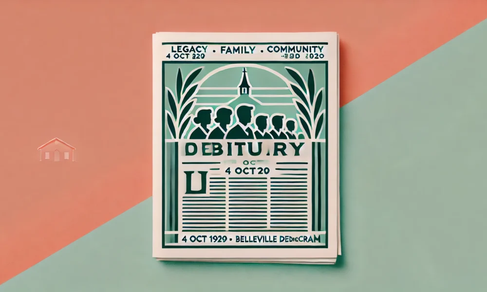 Wide-format feature image for '4 Oct 1929 Jacob Crause Obituary in the Belleville Democrat,' with a soft gradient from pale coral to light sky blue, featuring a minimalist icon symbolizing community legacy in deep forest green with light yellow accents.