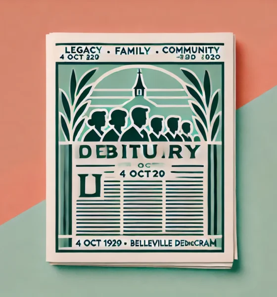 Wide-format feature image for '4 Oct 1929 Jacob Crause Obituary in the Belleville Democrat,' with a soft gradient from pale coral to light sky blue, featuring a minimalist icon symbolizing community legacy in deep forest green with light yellow accents.