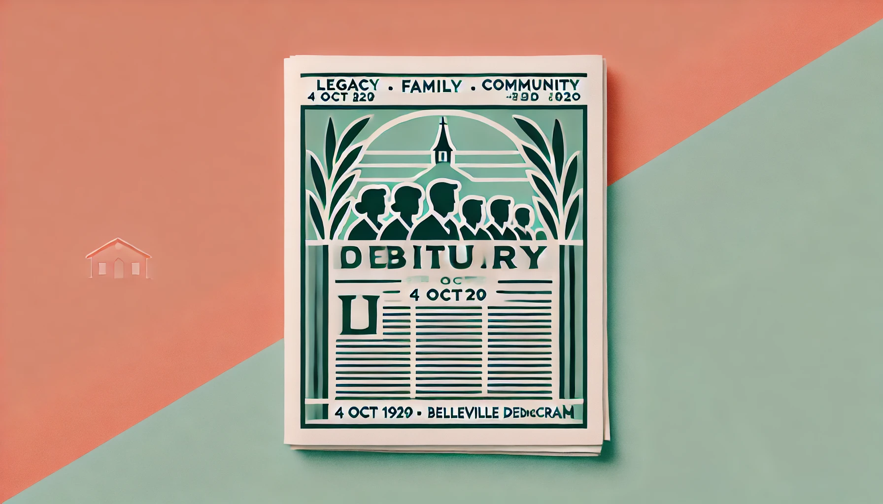 Wide-format feature image for '4 Oct 1929 Jacob Crause Obituary in the Belleville Democrat,' with a soft gradient from pale coral to light sky blue, featuring a minimalist icon symbolizing community legacy in deep forest green with light yellow accents.