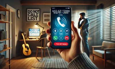 Image of a person viewing an incoming call from 602-671-3998 on a mobile phone, with a background hinting at safety measures like 'Do Not Call' lists and spam prevention resources.