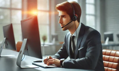 Close-up image of a male call center agent wearing a headset, working at a professional workstation, representing efficient and trustworthy debt collection services. Concept is used for 978-444-5700.