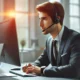 Close-up image of a male call center agent wearing a headset, working at a professional workstation, representing efficient and trustworthy debt collection services. Concept is used for 978-444-5700.