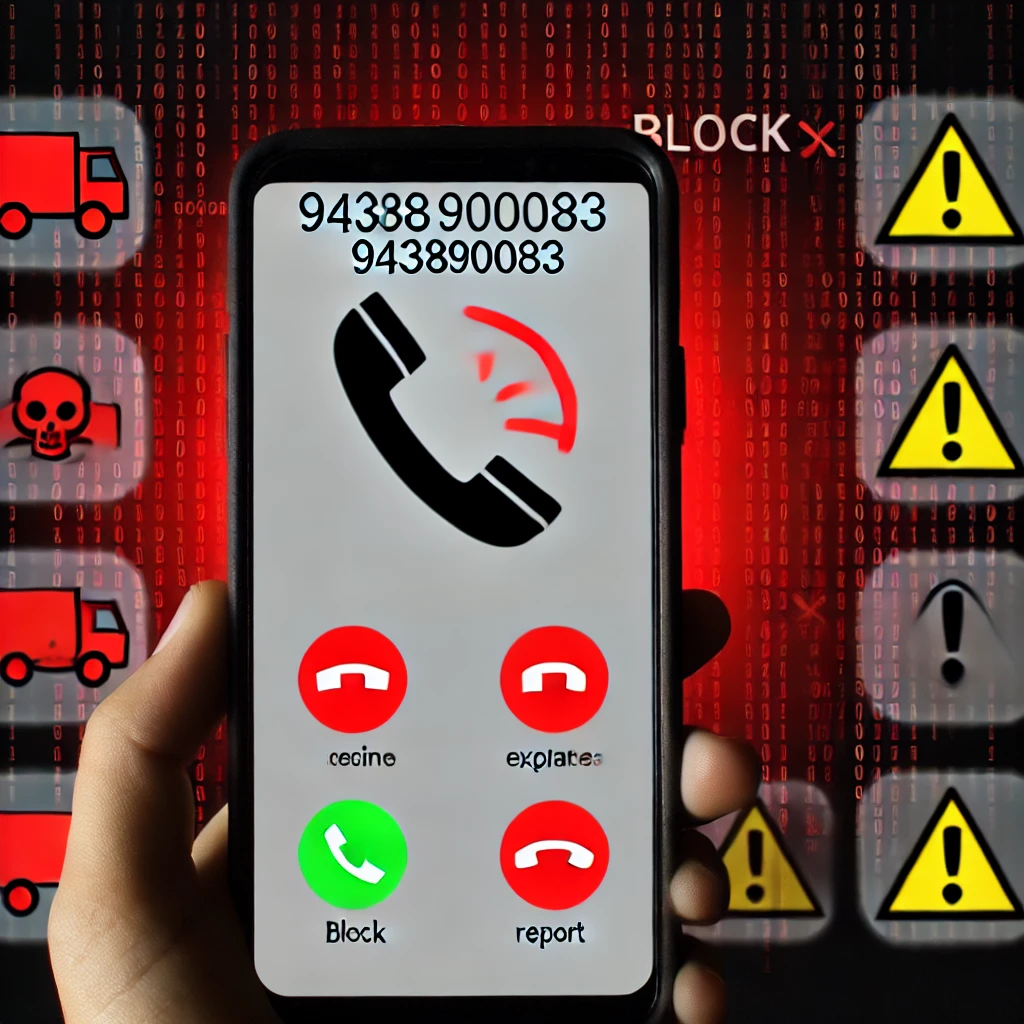 A phone screen showing an incoming call from the suspicious number 943890083 with warning icons such as exclamation marks and blocked call symbols, indicating potential spam or scam risk.