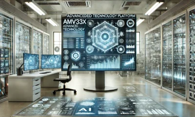 Wide-format image of the AMV33X technology platform in a futuristic workspace with AI-driven analytics and data visualizations, symbolizing its multi-industry integration and advanced capabilities.