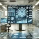 Wide-format image of the AMV33X technology platform in a futuristic workspace with AI-driven analytics and data visualizations, symbolizing its multi-industry integration and advanced capabilities.