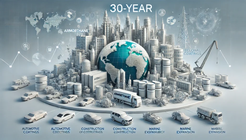 A clean, professional image illustrating the 30-year evolution of ArmorThane. It shows key industries like automotive, construction, and marine, with a timeline in the background highlighting milestones such as eco-friendly coatings and global expansion. The overall theme emphasizes durability, innovation, and sustainability in protective coatings.