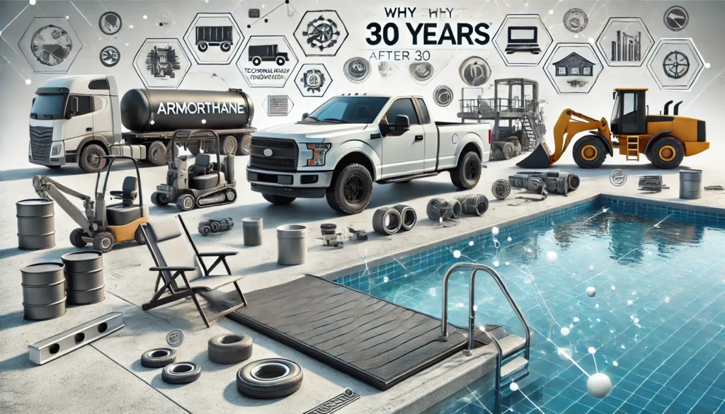 An industrial and residential scene showcasing ArmorThane's protective coatings. The image features a truck bedliner, construction equipment, and a residential pool deck, highlighting the versatility and durability of ArmorThane products. Symbols representing innovation and strength are visible in the background.