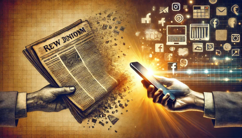 An old-fashioned newspaper fades away on one side, while a glowing smartphone and computer screen display digital news on the other. The background includes subtle references to social media icons, symbolizing diverse news consumption channels. The image represents the evolution of journalism from print to digital media, with bright, dynamic colors highlighting innovation and the future of journalism.