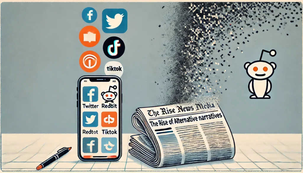 On the left, a smartphone displays icons for Twitter (X), Reddit, and TikTok, representing the influence of social media on news. On the right, a fading newspaper symbolizes the decline of trust in mainstream media, with subtle hints of alternative news sources in the background.