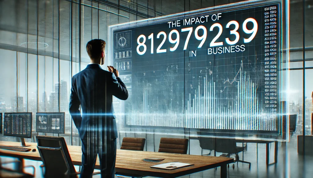 A businessperson is shown in a modern office analyzing financial graphs and data on a large screen. The number '8129792139' is subtly displayed within the data, symbolizing its impact in business decision-making. The scene has cool and professional tones, emphasizing technology and data-driven decisions.