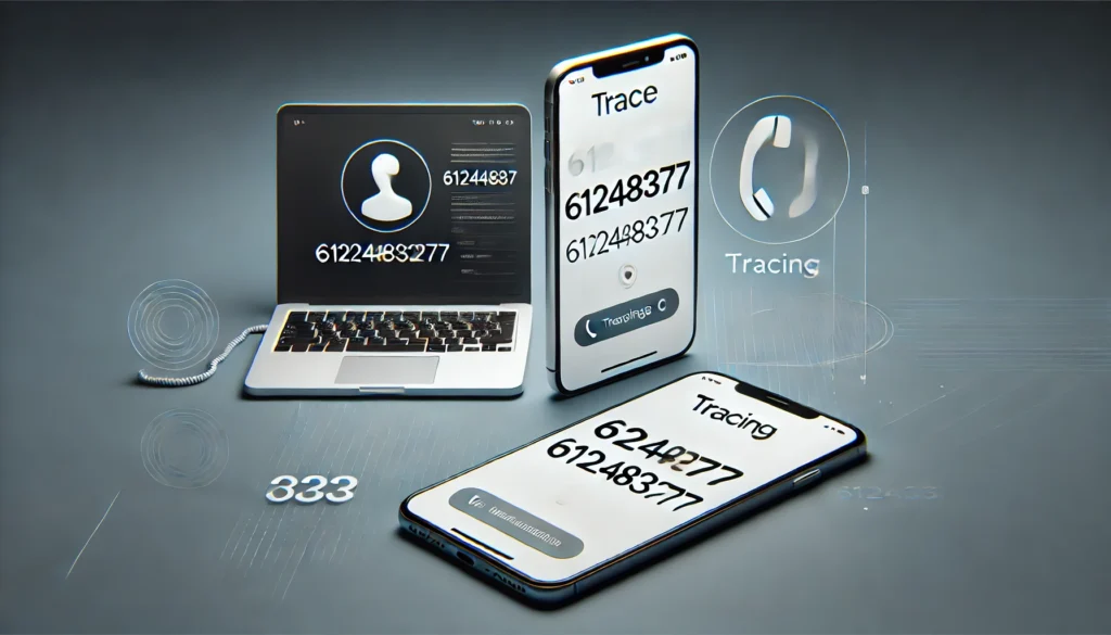 A minimalistic image showing a smartphone displaying a caller ID with the number "6122483277" and a nearby laptop screen with a tracing service interface. The devices are placed on a sleek surface with no people in the scene.