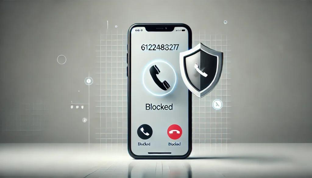 A smartphone displaying a blocked call notification from the number 6122483277, with a shield icon representing protection against unsolicited calls. The background is minimalistic, focusing on the phone and the action of call blocking.