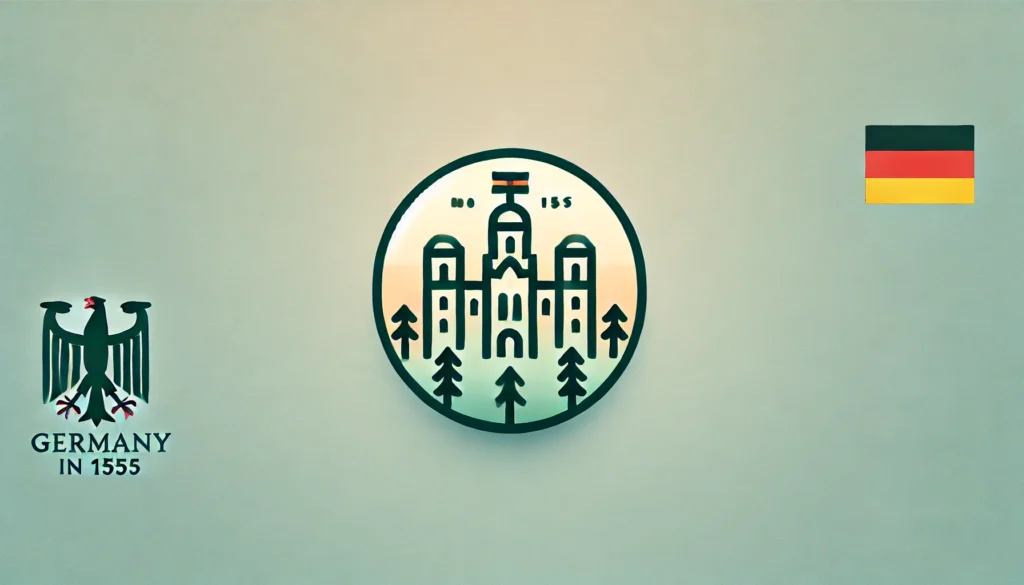 A clean and simple graphic with a gradient background transitioning from pale coral on the left to light sky blue on the right. At the center, a minimalistic deep forest green icon, outlined with subtle accents of light yellow, symbolizes the historical context of Germany in 1555. The icon has clean lines and a soft shadow, giving it slight depth while maintaining a flat design.