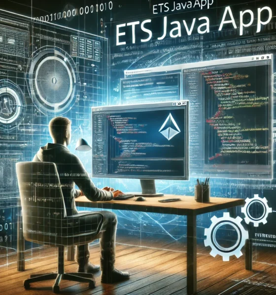 Developer working with ETSJavaApp Version, showcasing Java code, debugging tools, and version control integration on a sleek interface.