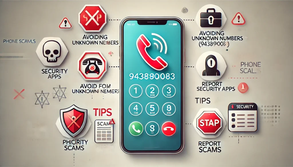 An illustration showing a smartphone with a red warning symbol indicating a scam call from the number 943890083. Surrounding the phone are icons representing strategies for protection: a crossed-out phone symbol for avoiding unknown calls, a shield icon for using call-blocking apps, a warning sign for phishing attempts, and a notepad symbol for reporting suspicious numbers. The background features soft gradients, evoking a modern, tech-savvy aesthetic.