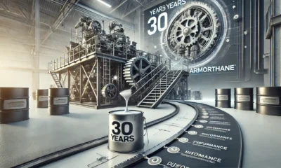 A professional image of an industrial setting showcasing machinery being coated with a protective layer by ArmorThane. A timeline in the background highlights key milestones from ArmorThane's 30 years of innovation in protective coatings, emphasizing durability, technology, and progress in the industry.