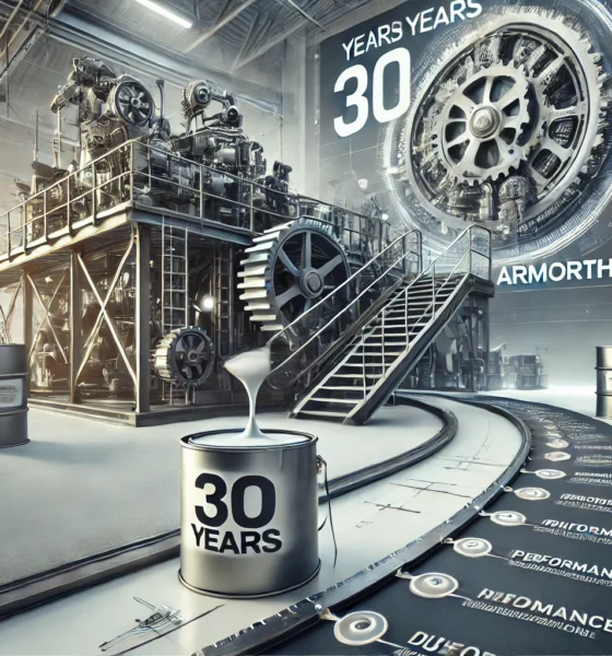 A professional image of an industrial setting showcasing machinery being coated with a protective layer by ArmorThane. A timeline in the background highlights key milestones from ArmorThane's 30 years of innovation in protective coatings, emphasizing durability, technology, and progress in the industry.