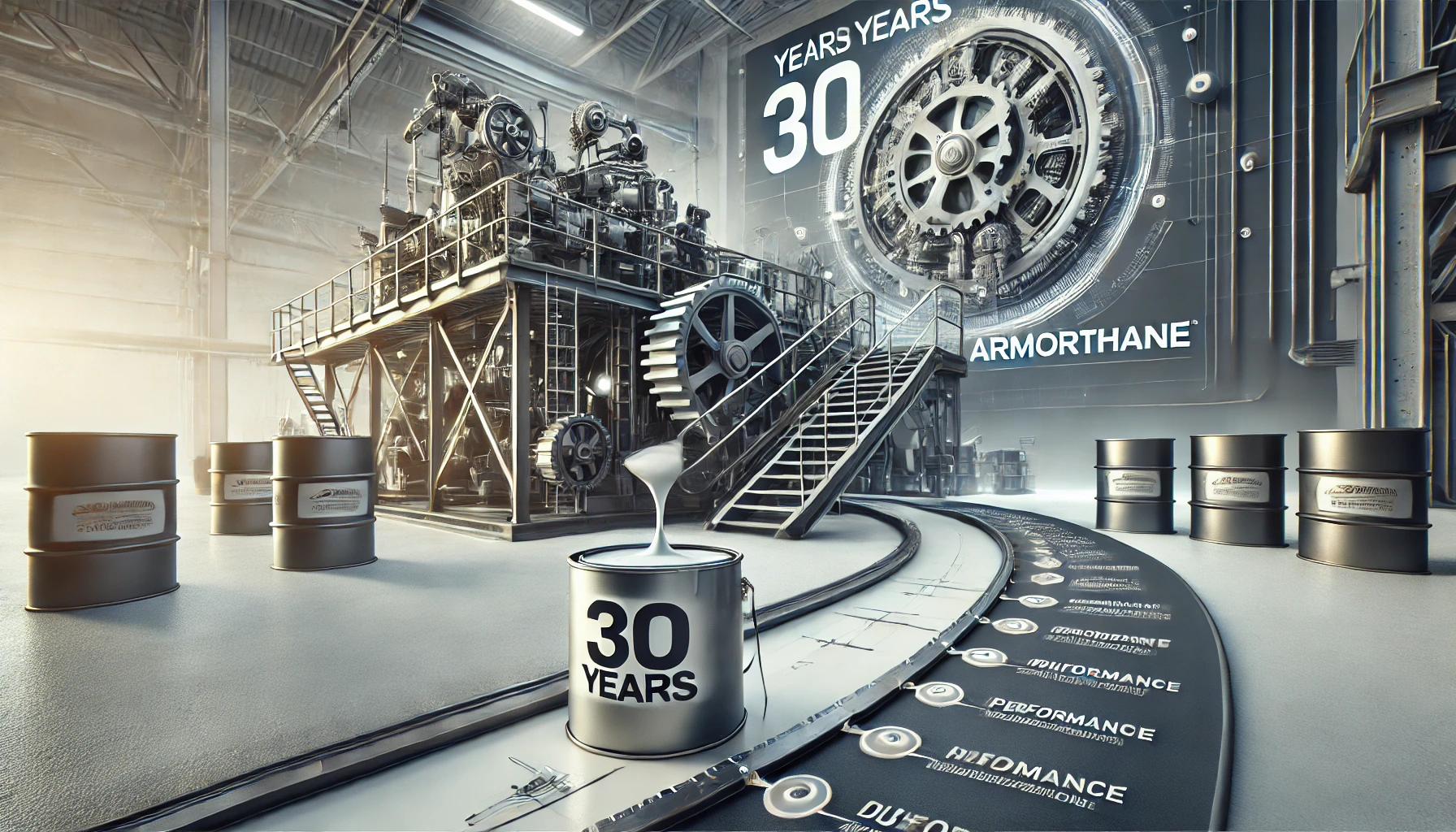 A professional image of an industrial setting showcasing machinery being coated with a protective layer by ArmorThane. A timeline in the background highlights key milestones from ArmorThane's 30 years of innovation in protective coatings, emphasizing durability, technology, and progress in the industry.